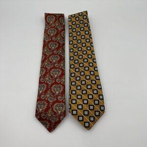 Robert Talbott 100% Silk Two Tie Bundle - Red Paisley & Gold Geometric Patterns